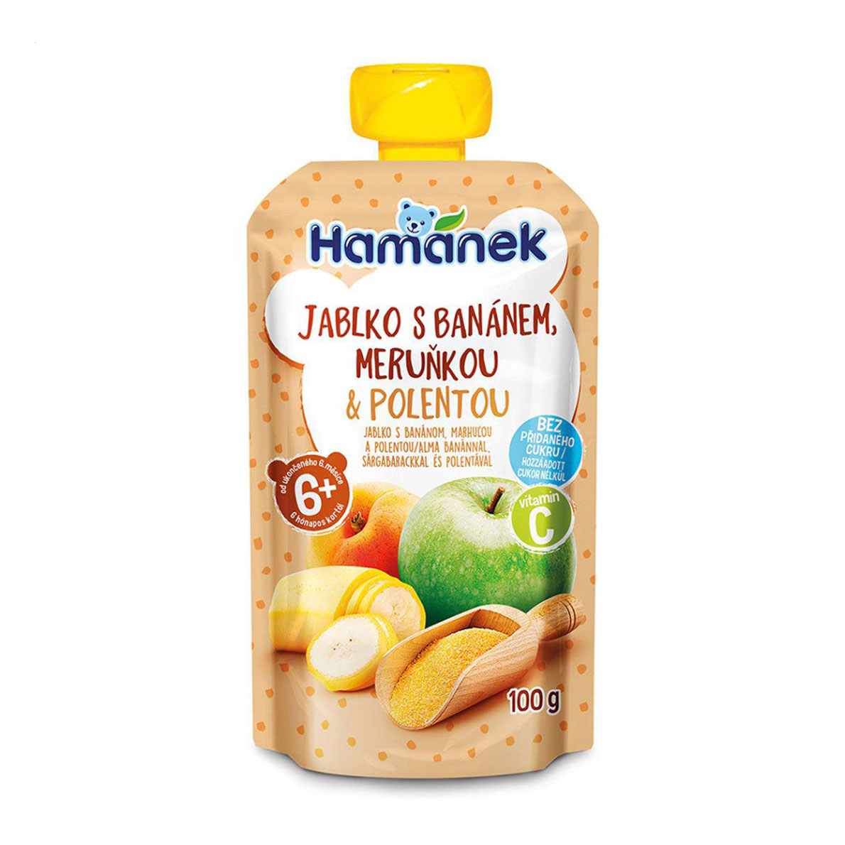 Дитяче фруктове пюре Hamanek Яблуко, абрикос, банан та полента, від 6 місяців, 100 г