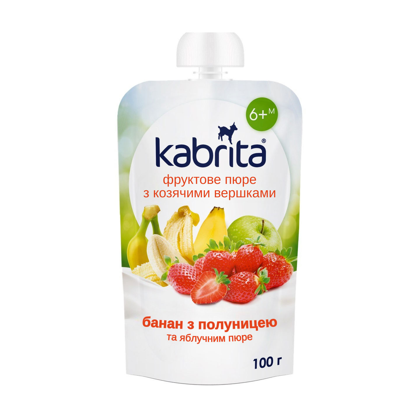 Дитяче фруктове пюре Kabrita Банан з полуницею, яблучним пюре та козячими вершками, від 6 місяців, 100 г